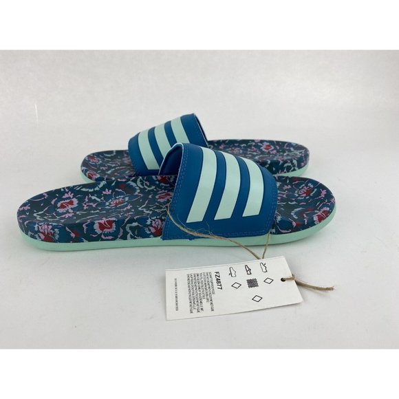 Adidas Adilette Comfort Blue Floral Women's Slides Teal Uncommon Colorway - Picture 10 of 10